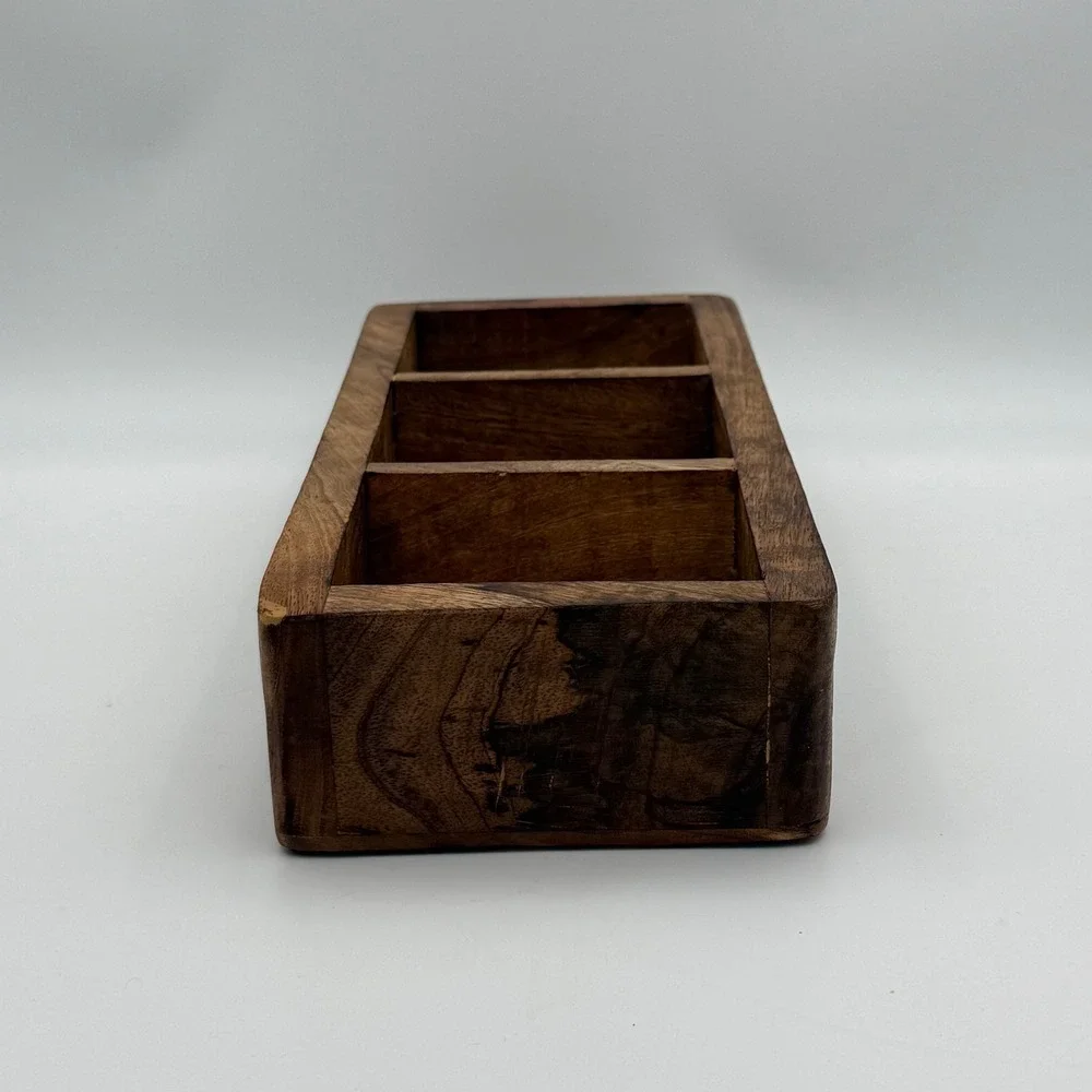 Hand Carved Wooden Triple Moon 3 Compartment Organizer Box Celestial Decor